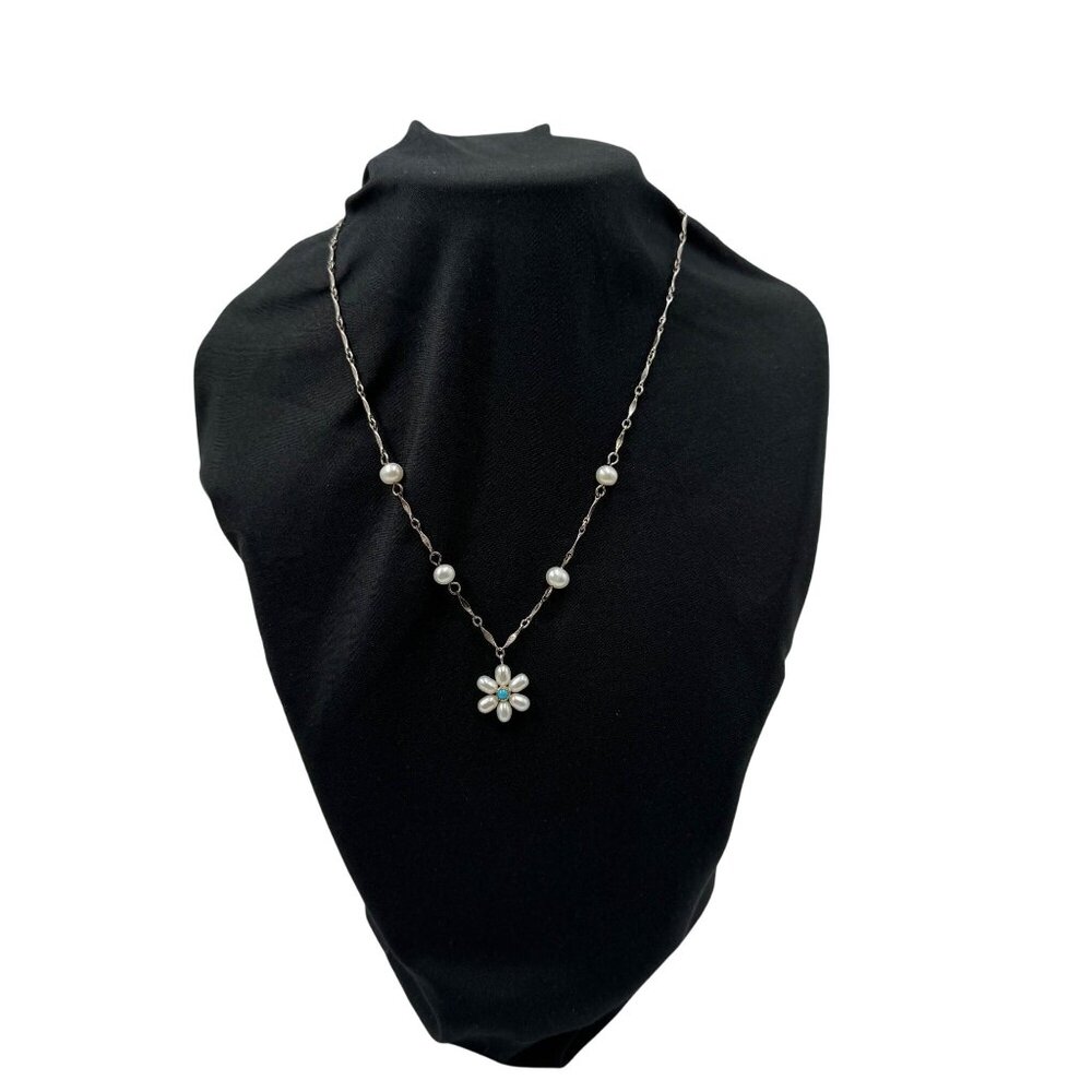 Vtg 18" Freshwater Pearl Necklace Sterling 925 w/Pearl Daisy & Turquoise Pendant